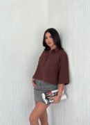 Crop Yakalı Gömlek Üç Çeyrek Sleeve Kol - Kahverengi resmi